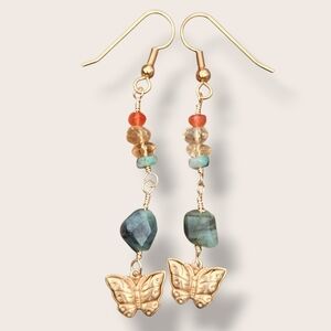 Gemstone Earrings NEW Handmade Butterfly Emerald Citrine Sunset Beach Carnelian